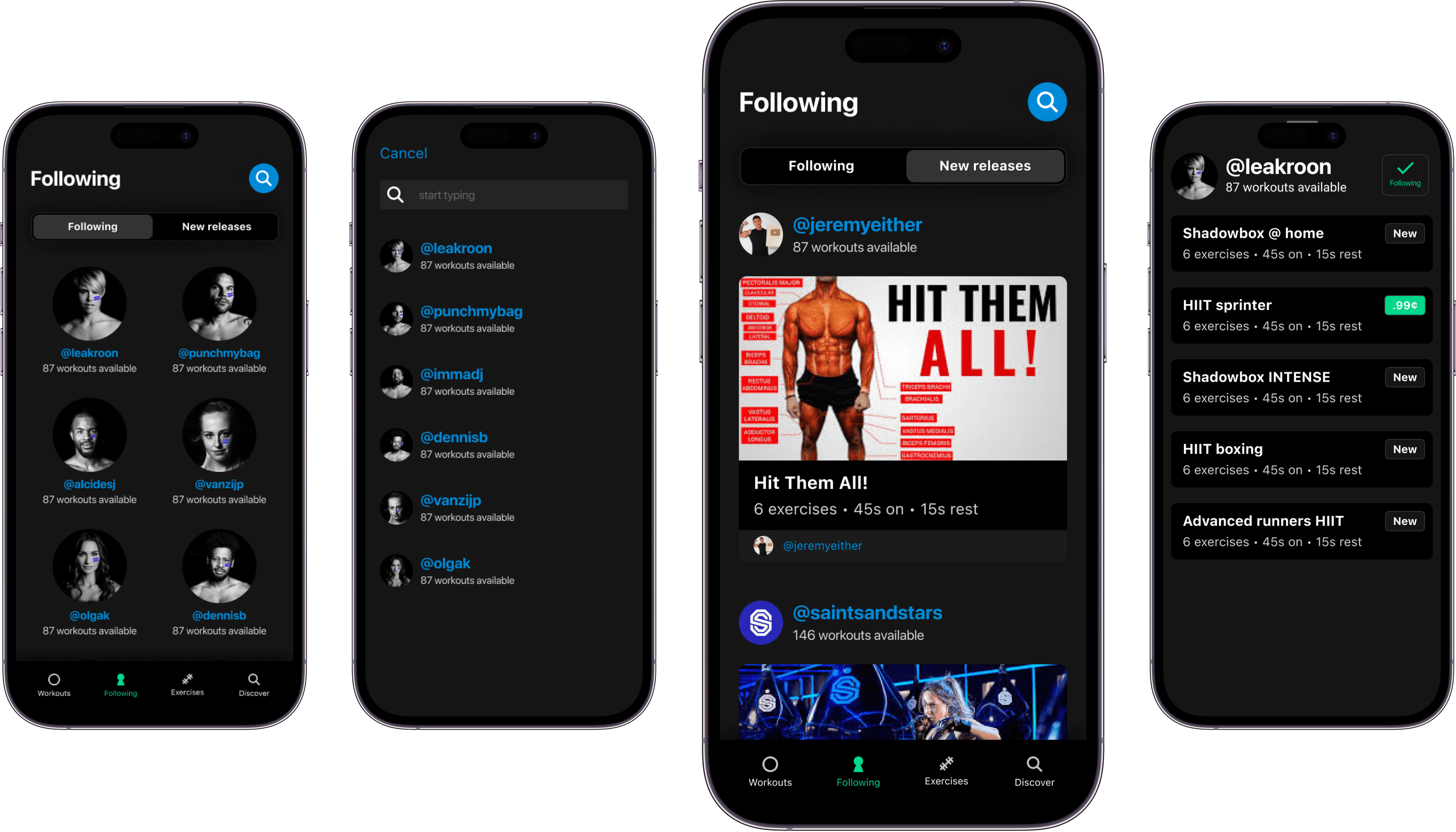 Collection of screens showing how to search and follow other accounts