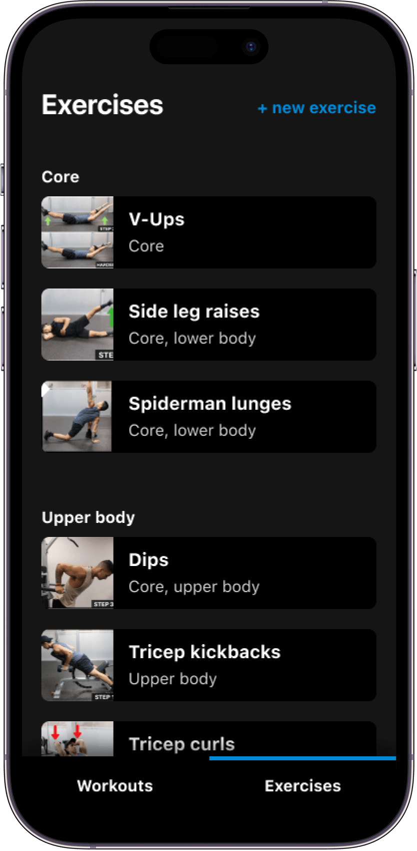 Screen showing a list of exercises by muscle groups