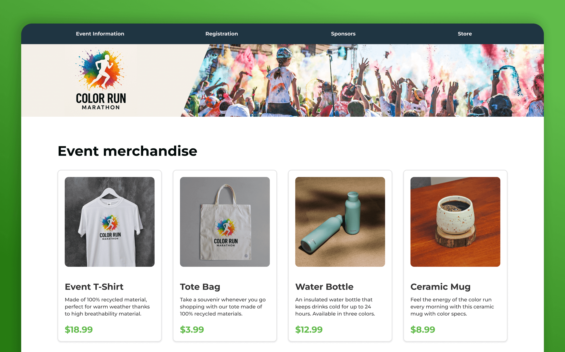 The main storefront page with a grid view of products