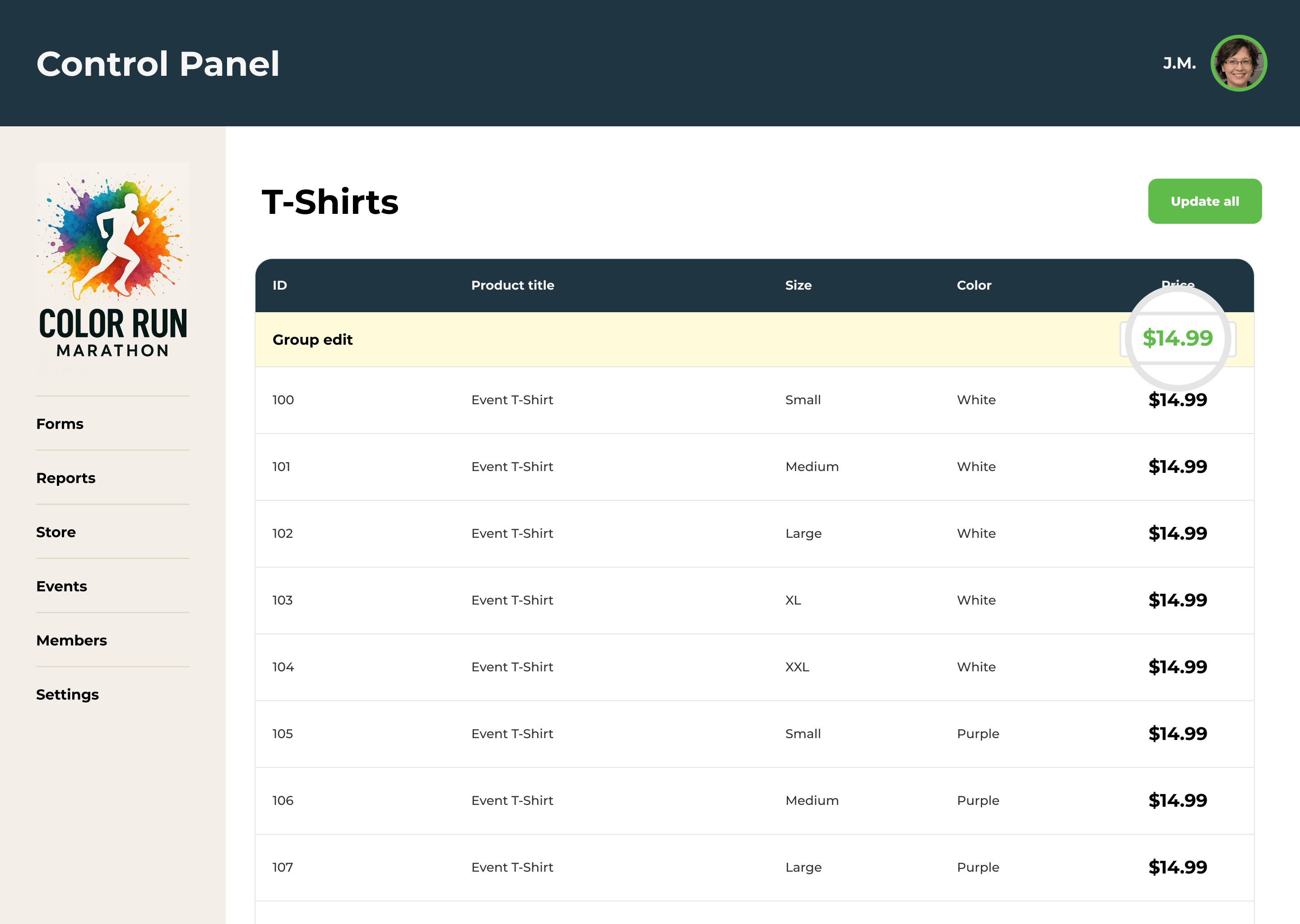 An example of the control panel inventory page with a table of products and attributes