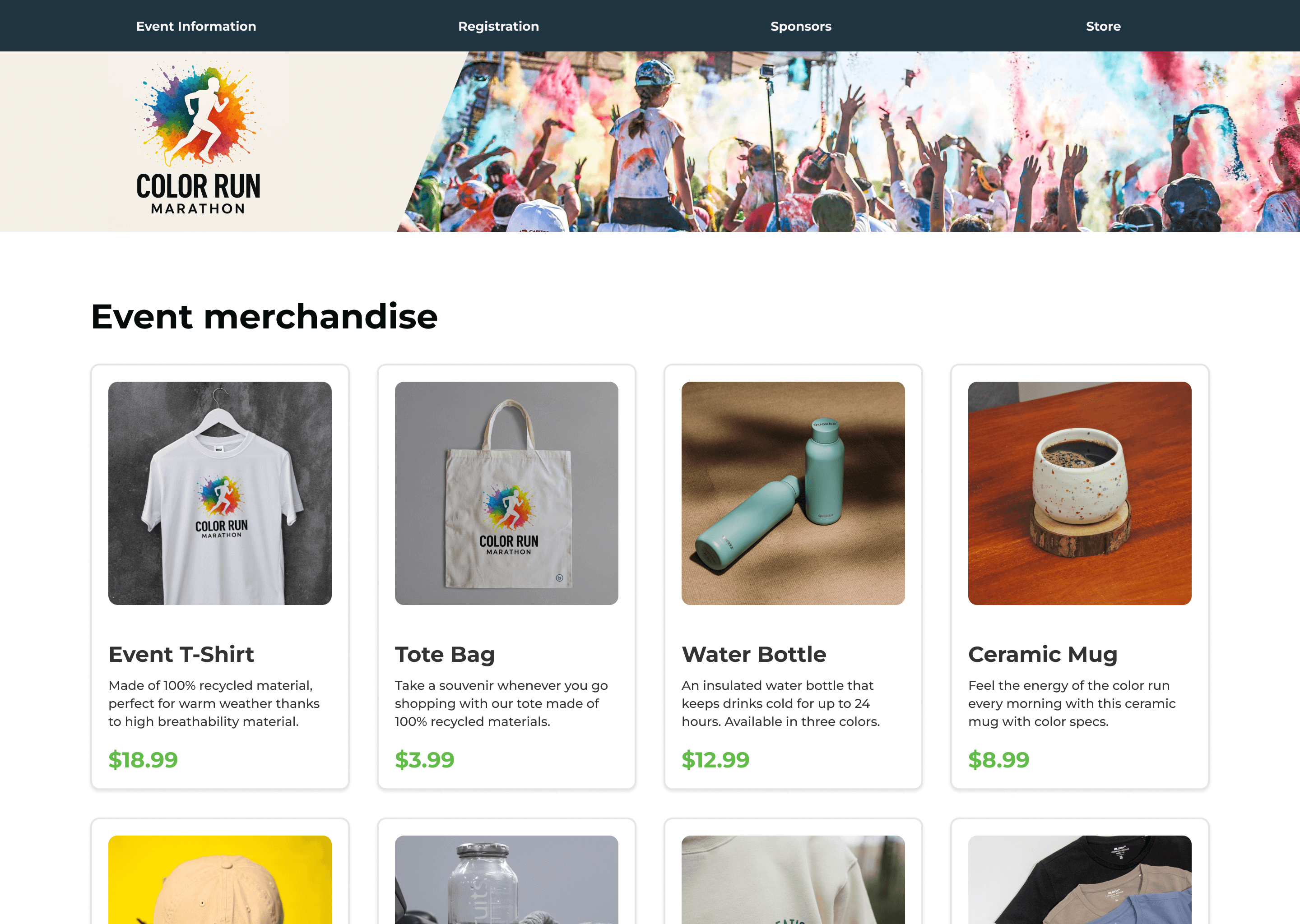 The main storefront page with a grid view of products